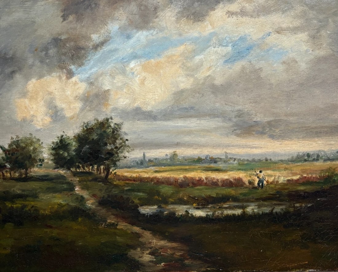 Antique Original 19th century Painting Landscape, Figure Barbizon, Fields: Title: Antique Original 19th century Painting Landscape, Figure Barbizon, Fields Description: Oil on canvas 33 x 40 cm need to be cleaned, big hole We accept payment via Paypal, credit or debit card, 
