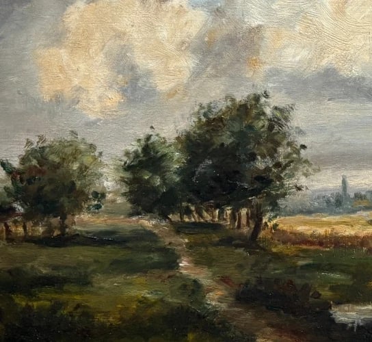 Antique Original 19th century Painting Landscape, Figure Barbizon, Fields - 3