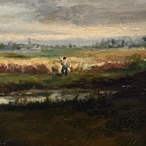Antique Original 19th century Painting Landscape, Figure Barbizon, Fields - 4