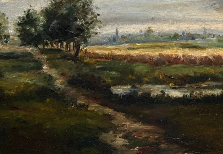 Antique Original 19th century Painting Landscape, Figure Barbizon, Fields - 5
