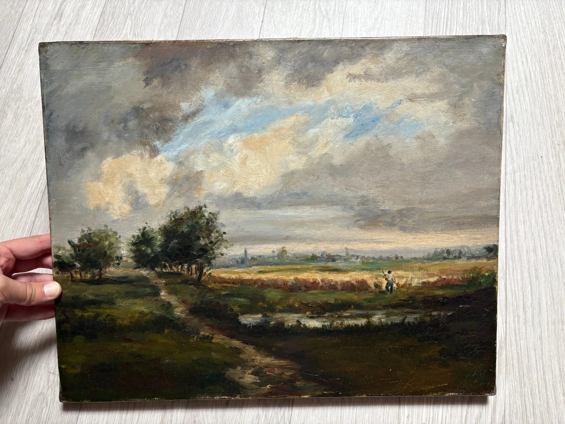 Antique Original 19th century Painting Landscape, Figure Barbizon, Fields - 7
