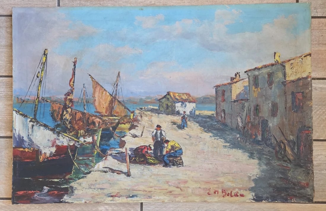 Antique Original Painting Seaview Landscape, Martigues, Fishermen signed - 2