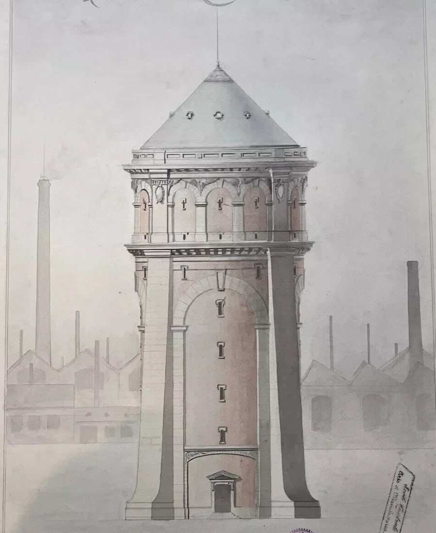 Architecture Building Water Tower Project - Drawing Antique Original: Title: Architecture Building Water Tower Project - Drawing Antique Original Description: Watercolor on paper 67 x 49 cm folds, stains ref: c6 We accept payment via Paypal, credit or debit card, UK