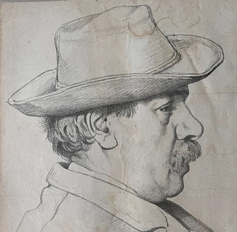 Antique Drawing Charcoal Original Man Portrait with Moustache, Hat signed (1 of 8)