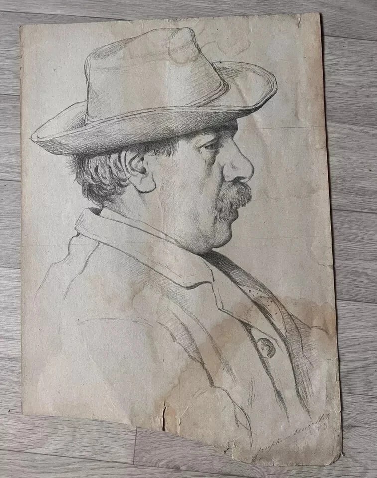 Antique Drawing Charcoal Original Man Portrait with Moustache, Hat signed - 2