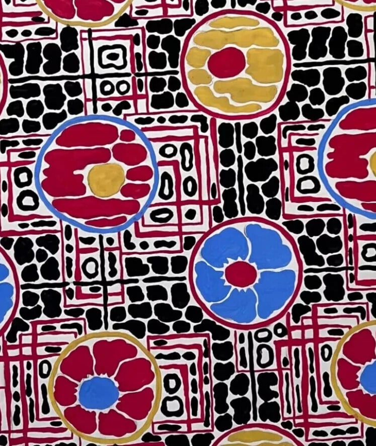 Textile Drawing Black Blue Red Flowers Fabric Artwork Antique Drawing Original (1 of 8)
