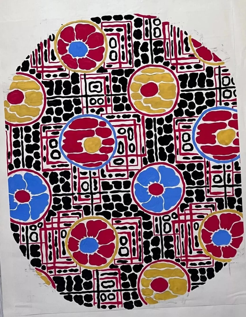 Textile Drawing Black Blue Red Flowers Fabric Artwork Antique Drawing Original - 3