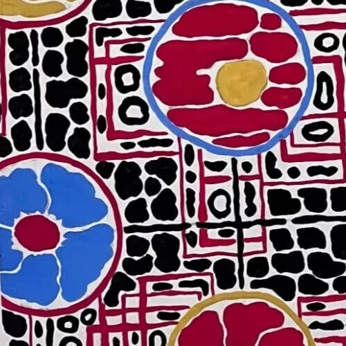 Textile Drawing Black Blue Red Flowers Fabric Artwork Antique Drawing Original - 4