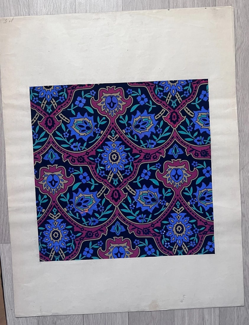 Antique Drawing Original Textile Drawing Purple Blue Flowers Fabric Floral - 2