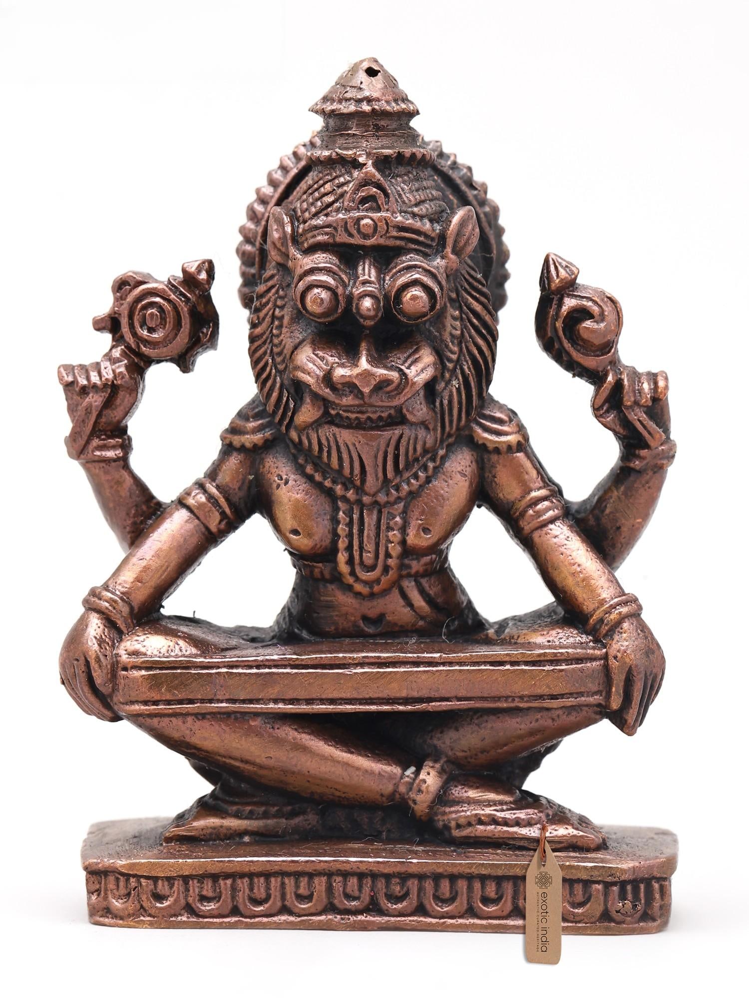 3" Yoga Narasimha with Four Arms | Copper Statue | Made in India: Description: 3" Yoga Narasimha with Four Arms | Copper Statue | Made in India