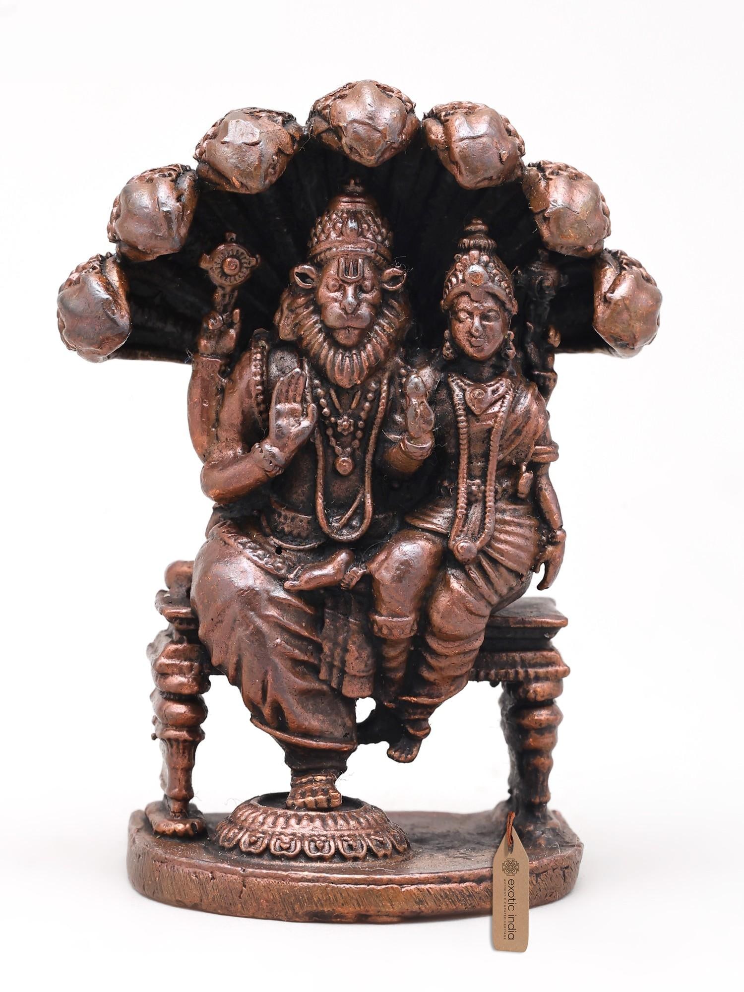 2" Lord Narasimha with Goddess Lakshmi Seated on Sheshnag Throne | Copper Statue | Made in India: Description: 2" Lord Narasimha with Goddess Lakshmi Seated on Sheshnag Throne | Copper Statue | Made in India