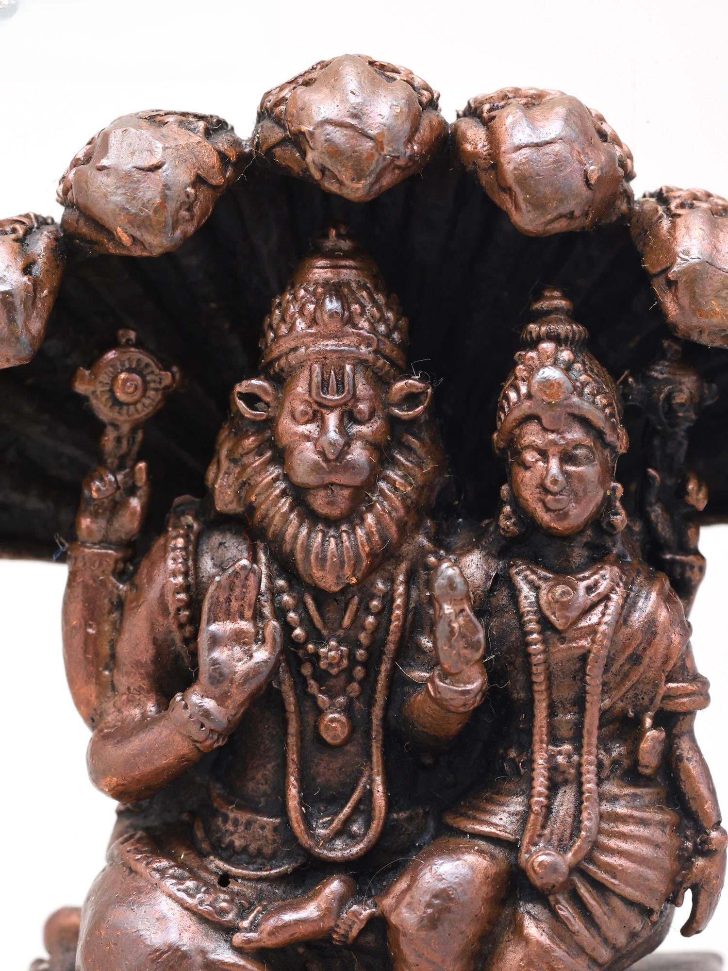2" Lord Narasimha with Goddess Lakshmi Seated on Sheshnag Throne | Copper Statue | Made in India - 2