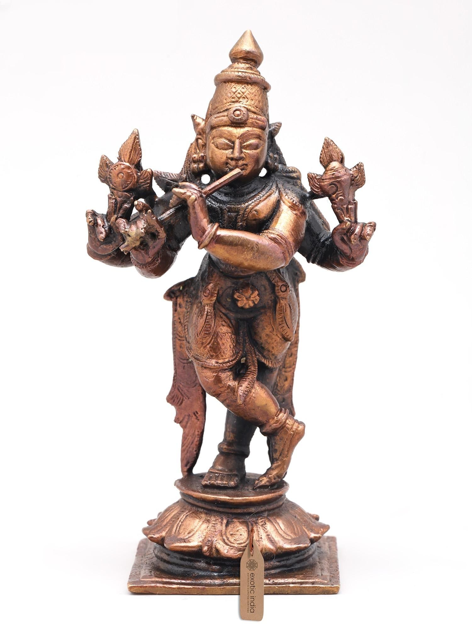 4" Four Armed Lord Venugopala (Krishna) with Flute | Copper Statue | Made in India: Description: 4" Four Armed Lord Venugopala (Krishna) with Flute | Copper Statue | Made in India