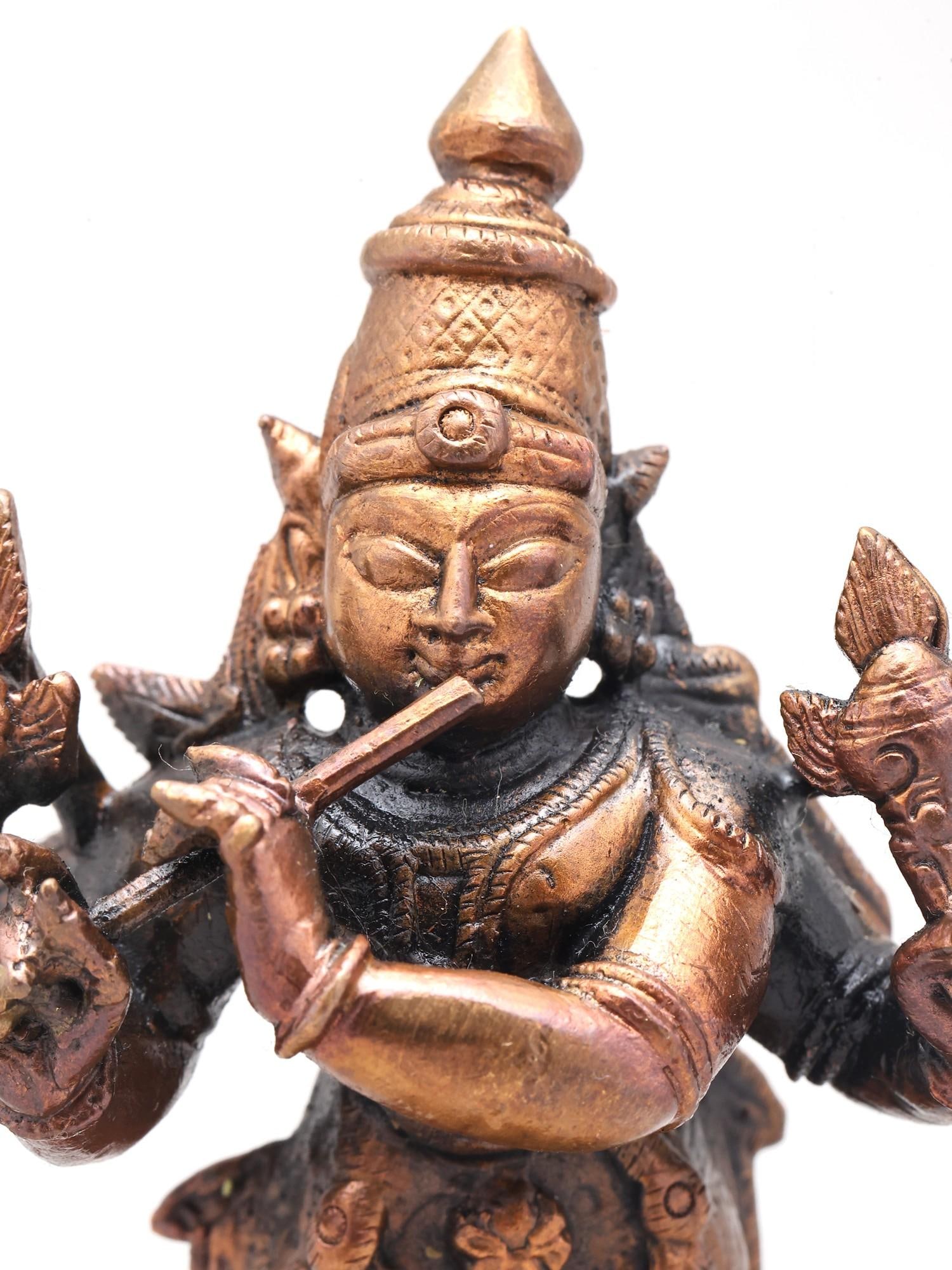 4" Four Armed Lord Venugopala (Krishna) with Flute | Copper Statue | Made in India - 2