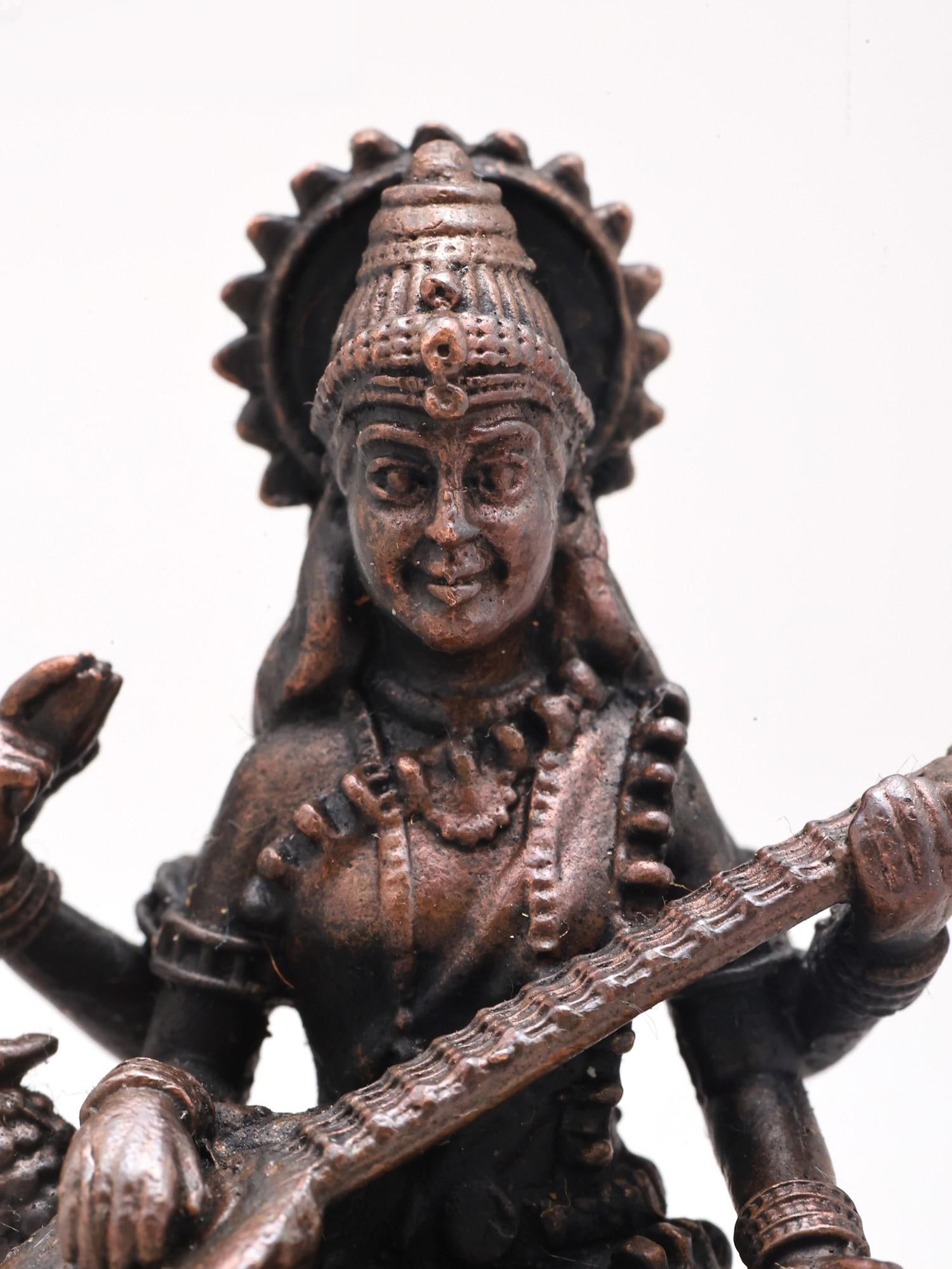 2" Small Devi Maa Saraswati Seated on Swan | Copper Statue - 2