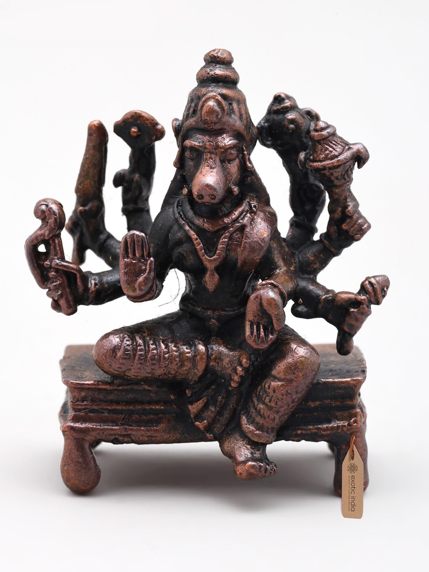 1" Small Eight Armed Goddess Varahi | Copper Statue: Description: 1" Small Eight Armed Goddess Varahi | Copper Statue