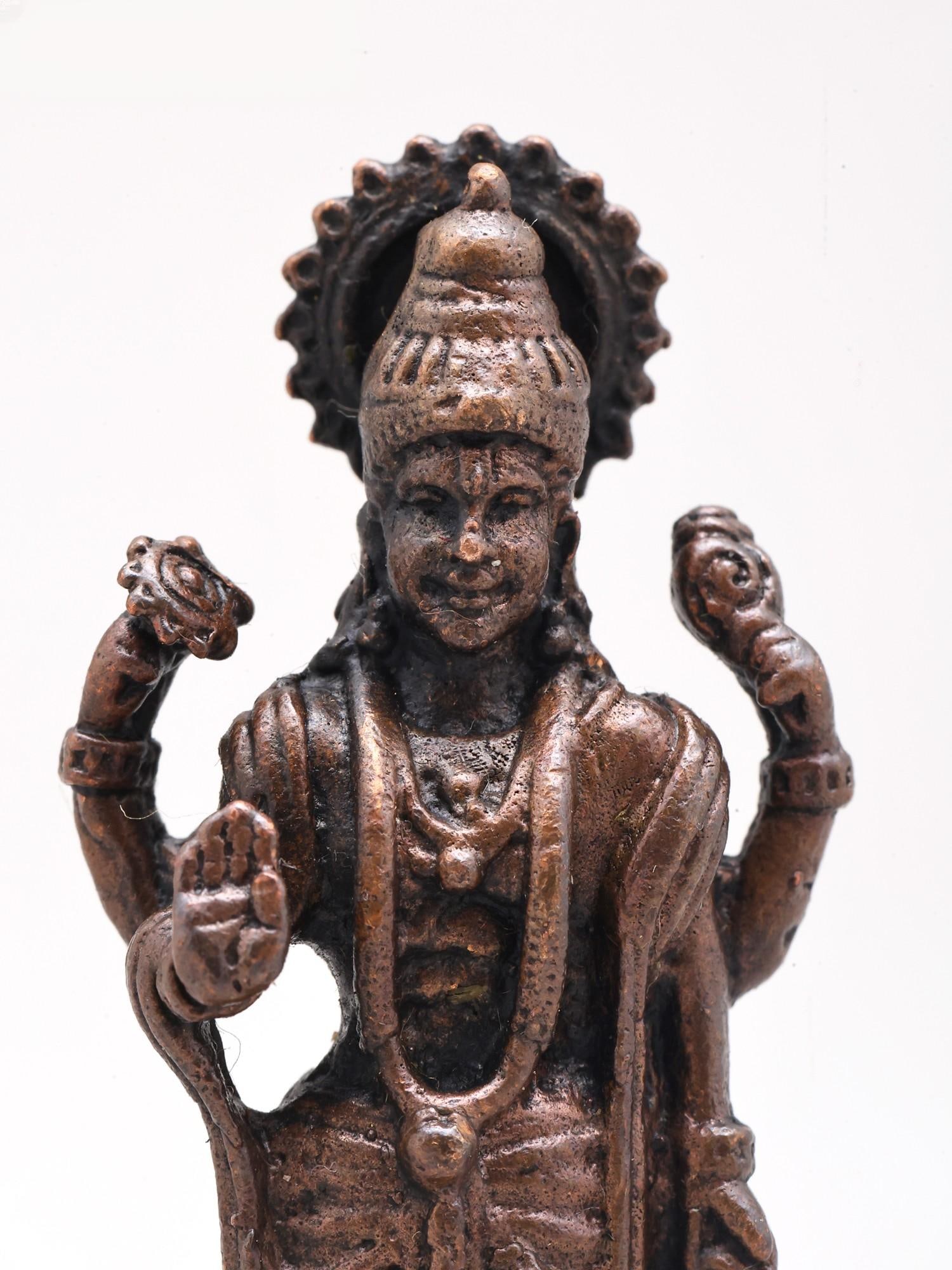 2" Small Standing Lord Vishnu in Blessing Gesture | Copper Statue - 2