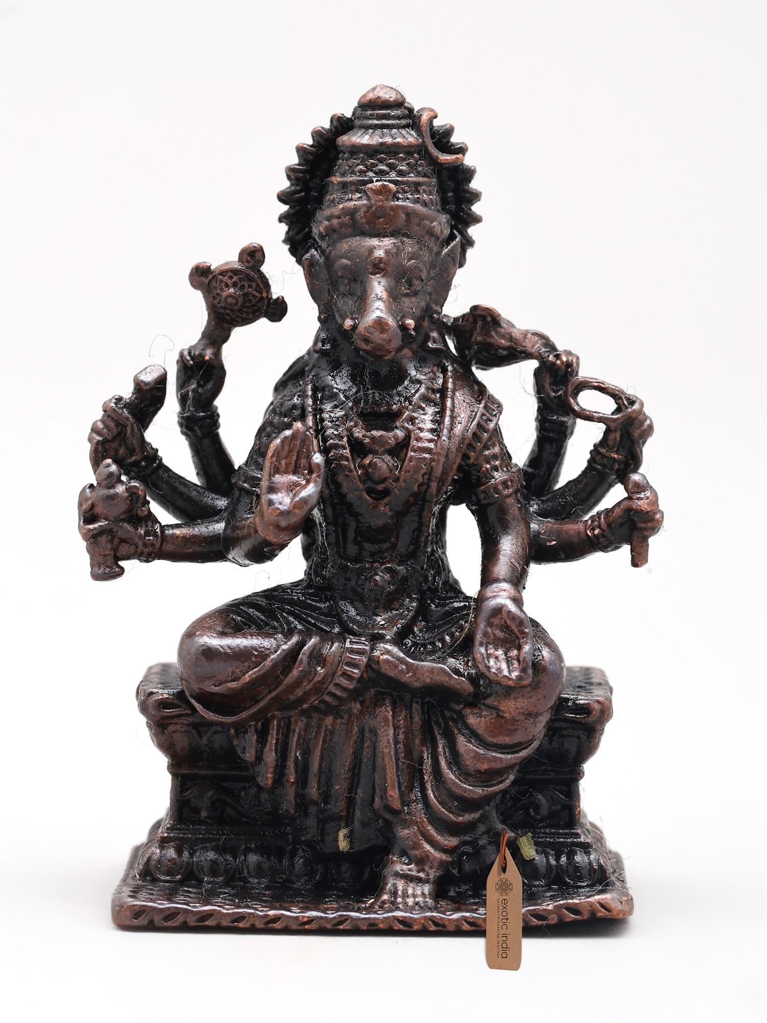 Small Eight Armed Blessing Goddess Varahi | Copper Statue: Description: Small Eight Armed Blessing Goddess Varahi | Copper Statue