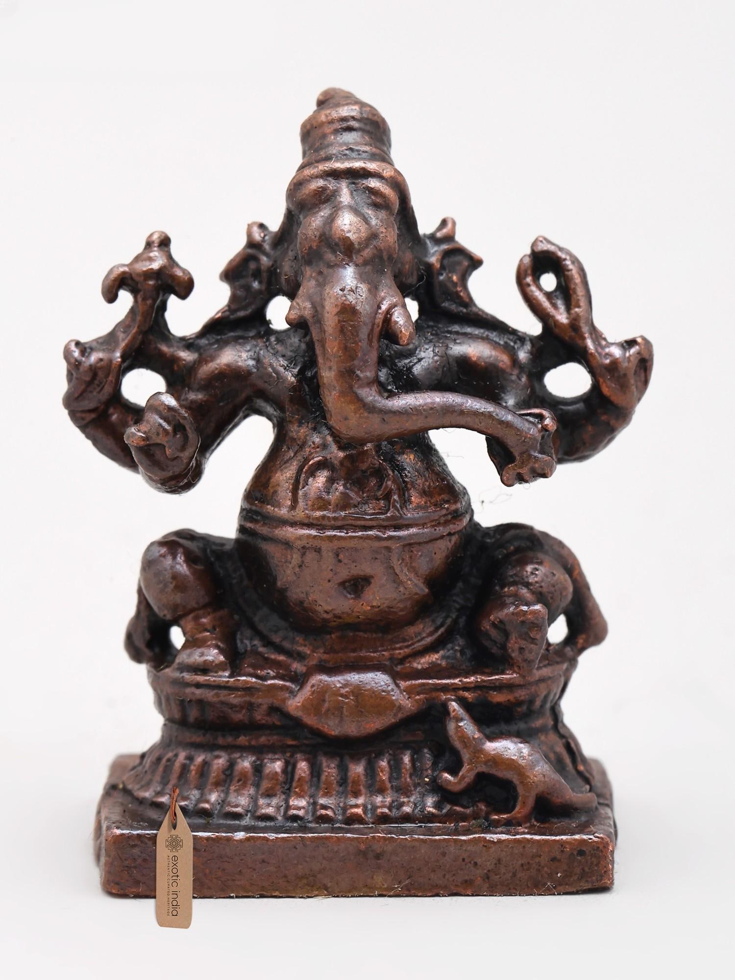 1" Small Four Armed Lord Ganesha | Copper Statue: Description: 1" Small Four Armed Lord Ganesha | Copper Statue