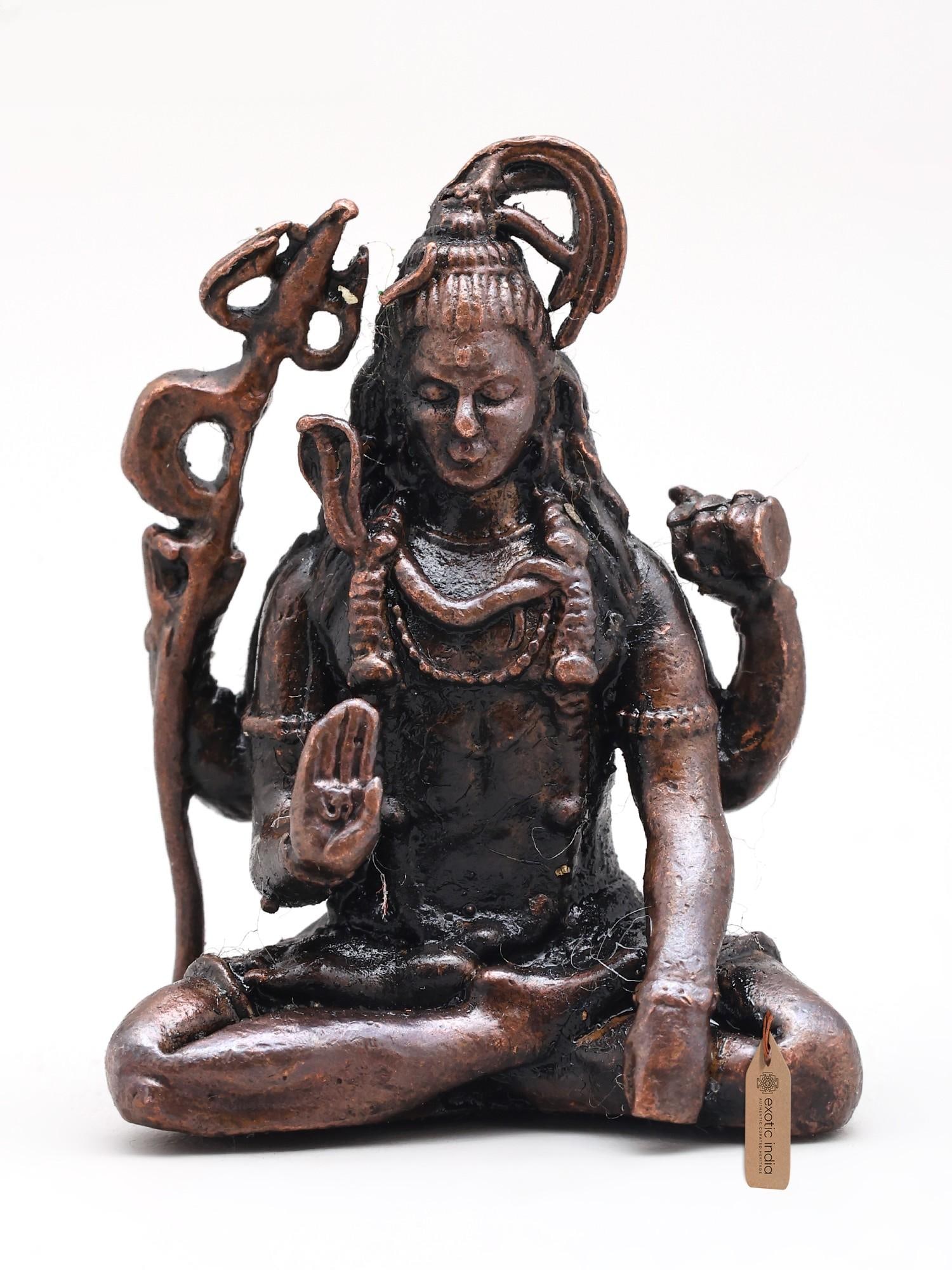 Small Lord Shiva Seated in Blessing Gesture | Copper Statue: Description: Small Lord Shiva Seated in Blessing Gesture | Copper Statue