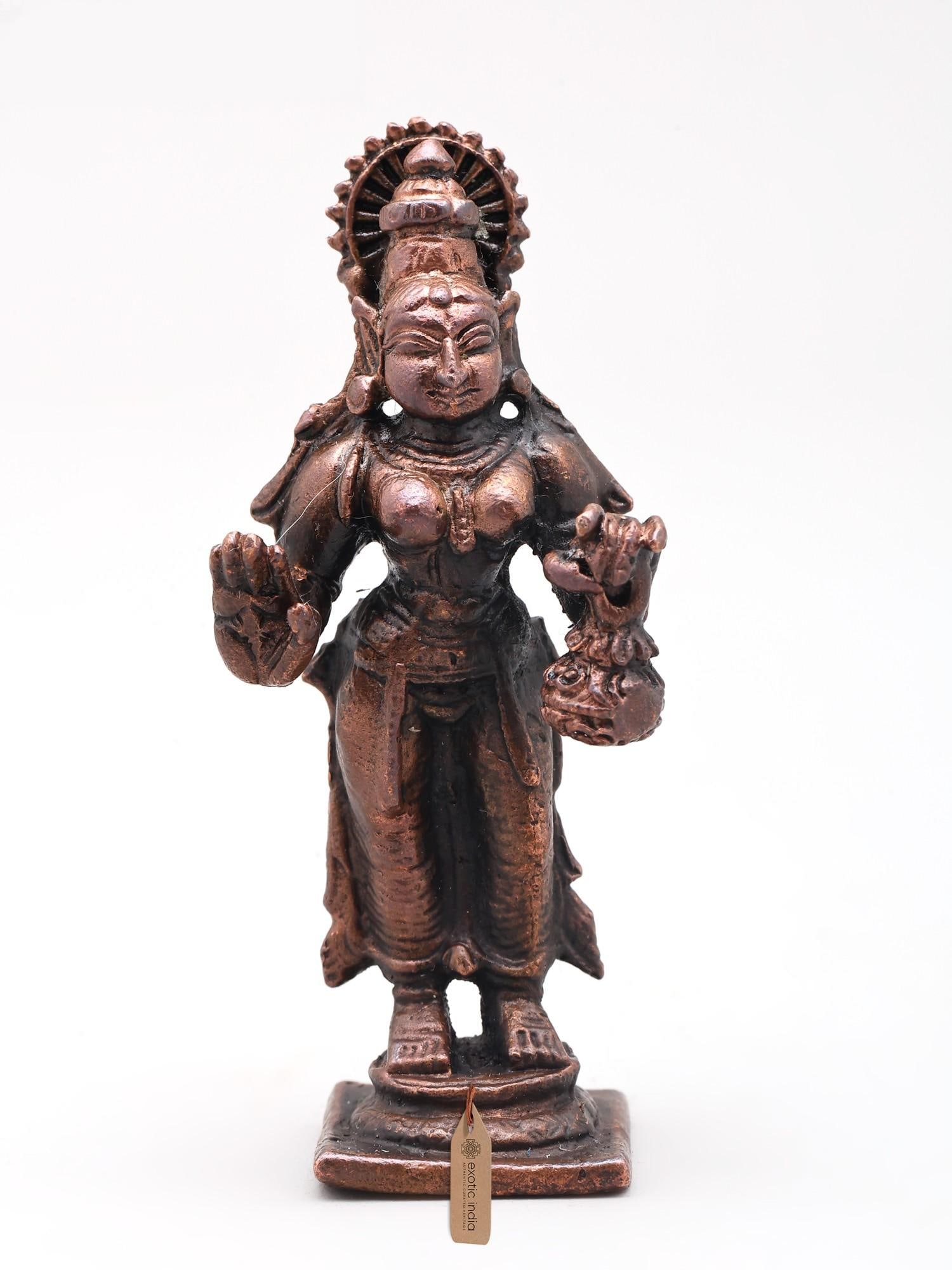 2" Standing Goddess Lakshmi with Kalash | Copper Statue (1 of 2)