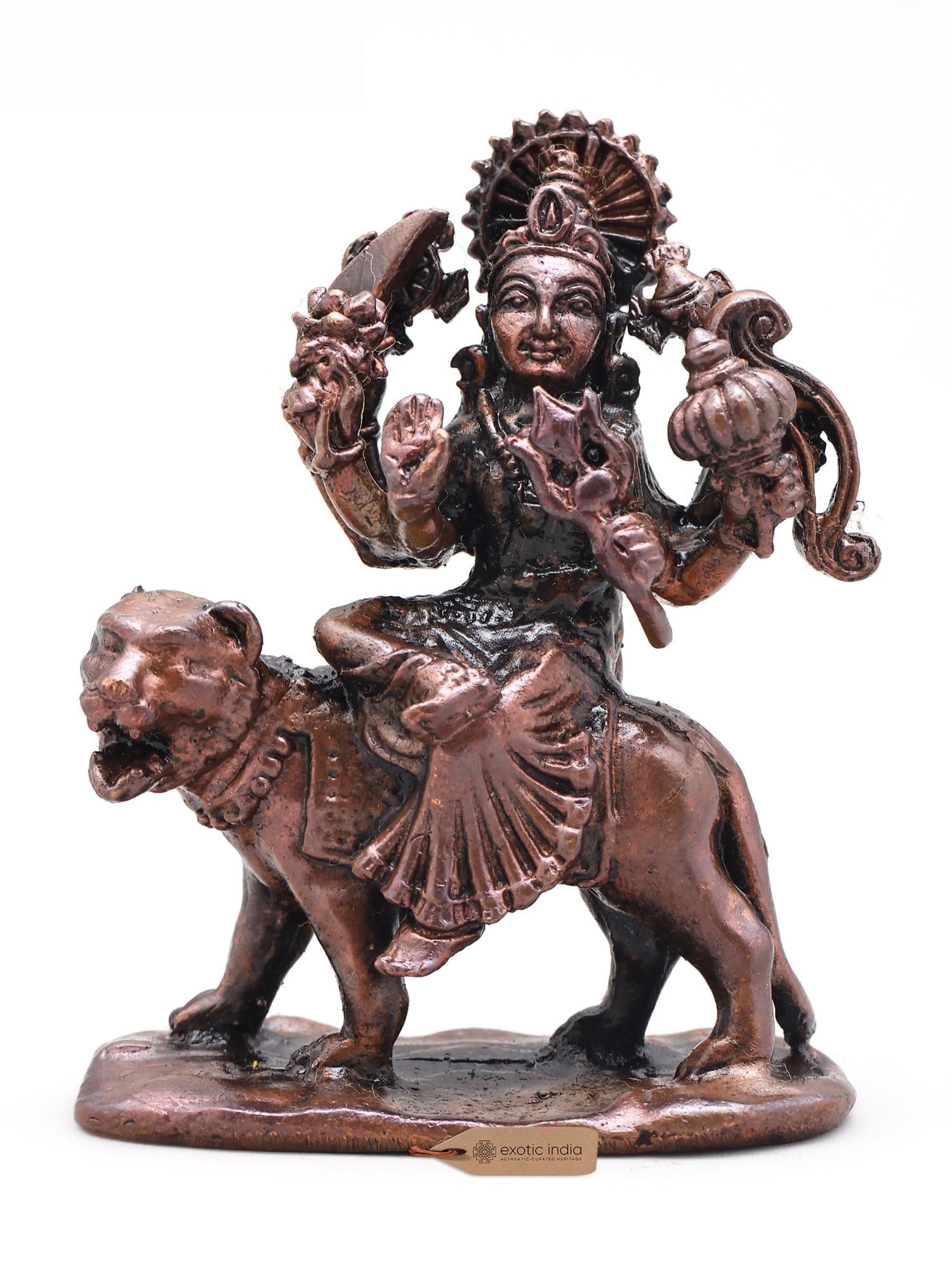 2" Small Goddess Durga Seated on Lion | Copper Statue (1 of 2)