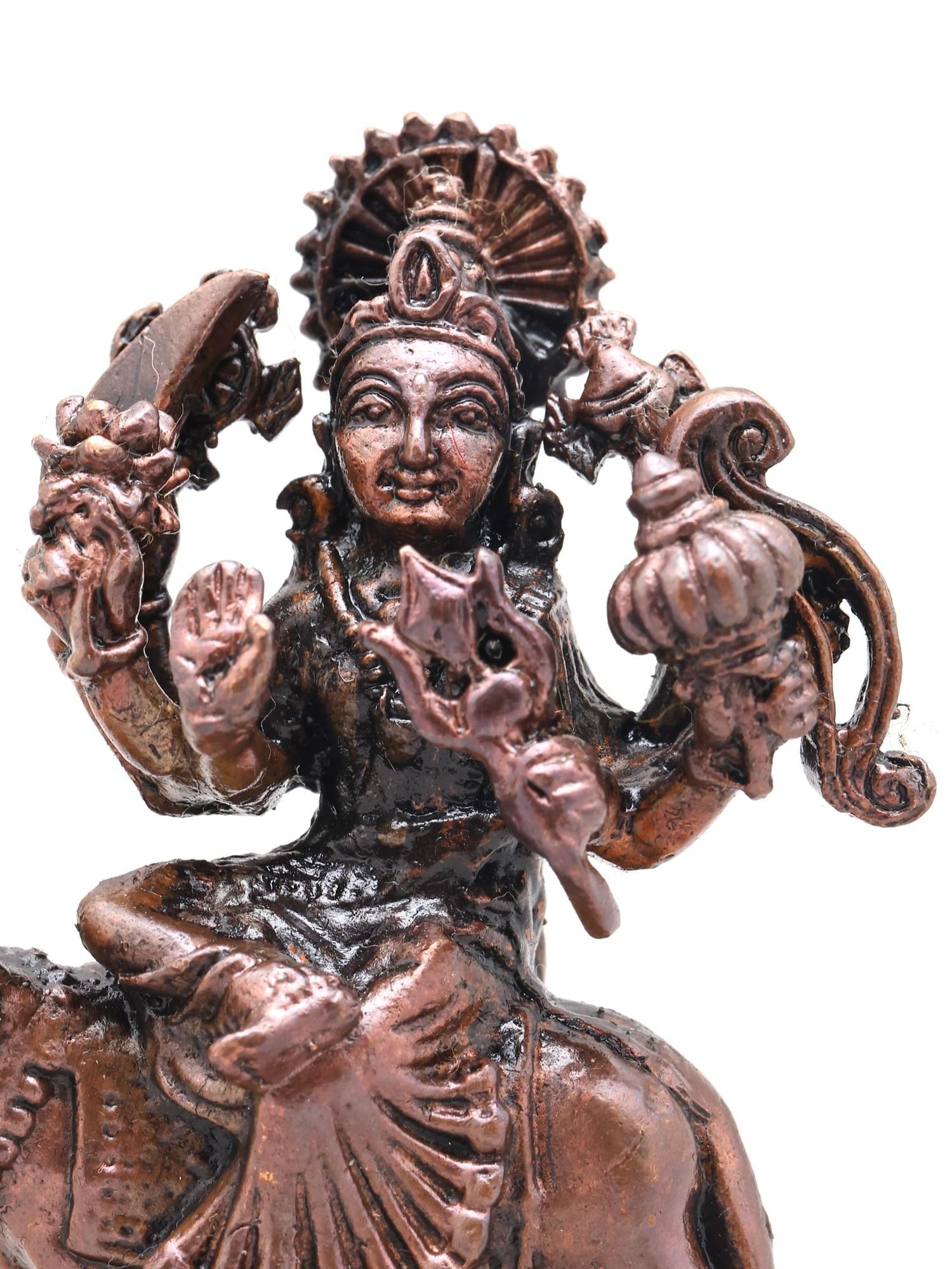 2" Small Goddess Durga Seated on Lion | Copper Statue - 2
