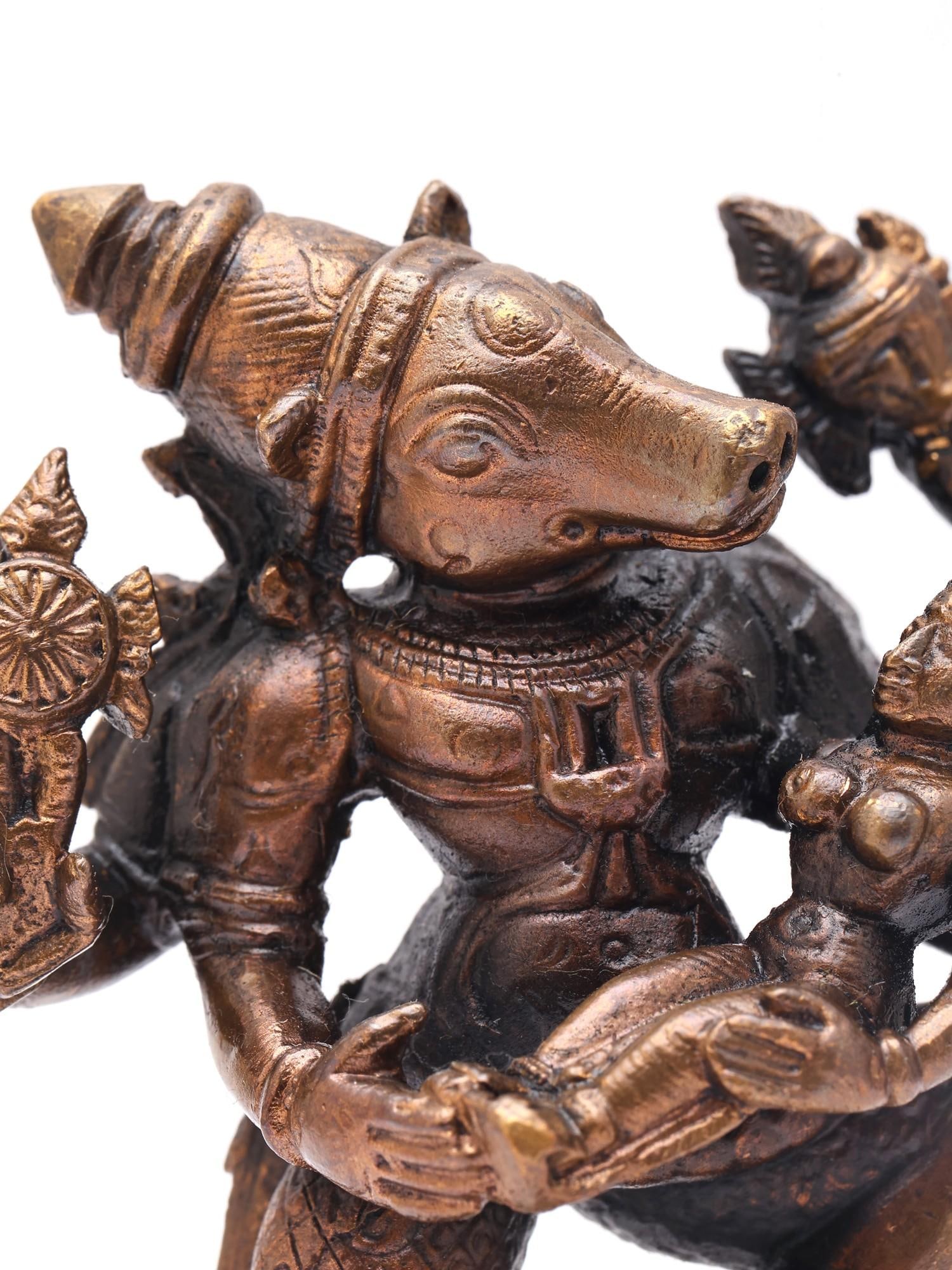 4" Small Four Armed Lord Varaha (Vishnu) with Goddess Lakshmi | Copper Statue | Made in India - 2