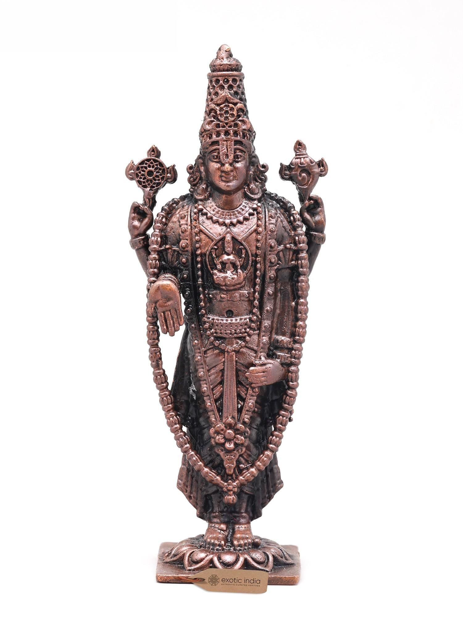 Small Idol of Lord Vishnu as Lord Venkateshwara (Tirupati Balaji) | Handmade | Copper Statue: Description: Small Idol of Lord Vishnu as Lord Venkateshwara (Tirupati Balaji) | Handmade | Copper Statue
