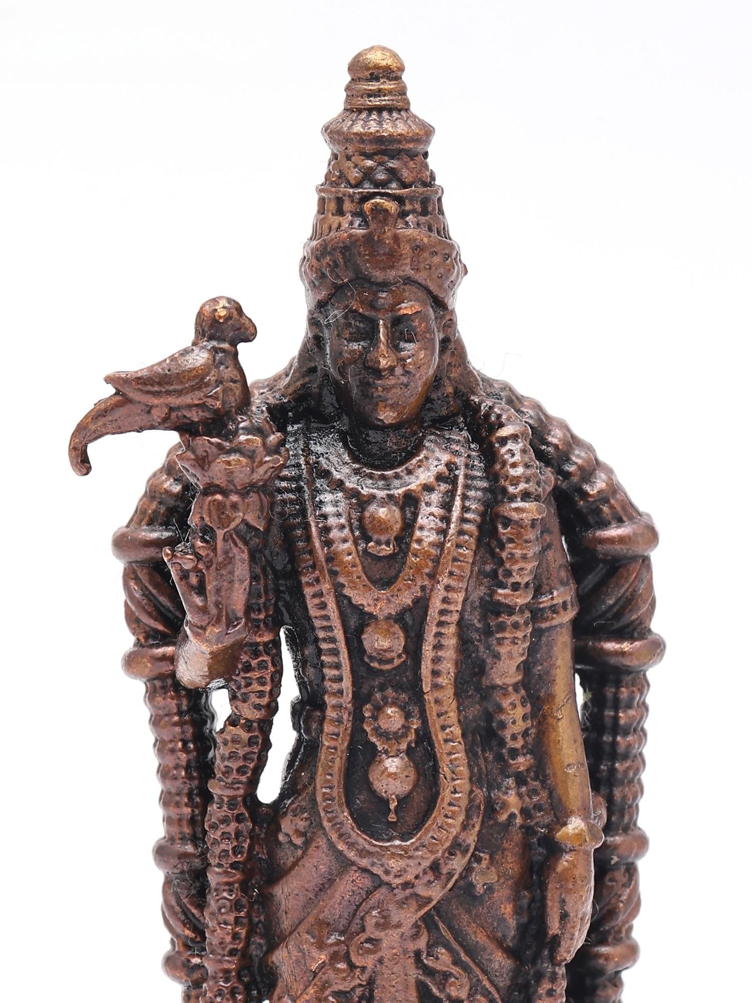 3" Small Goddess Meenakshi Standing with Bird | Copper Statue | Made in India - 2