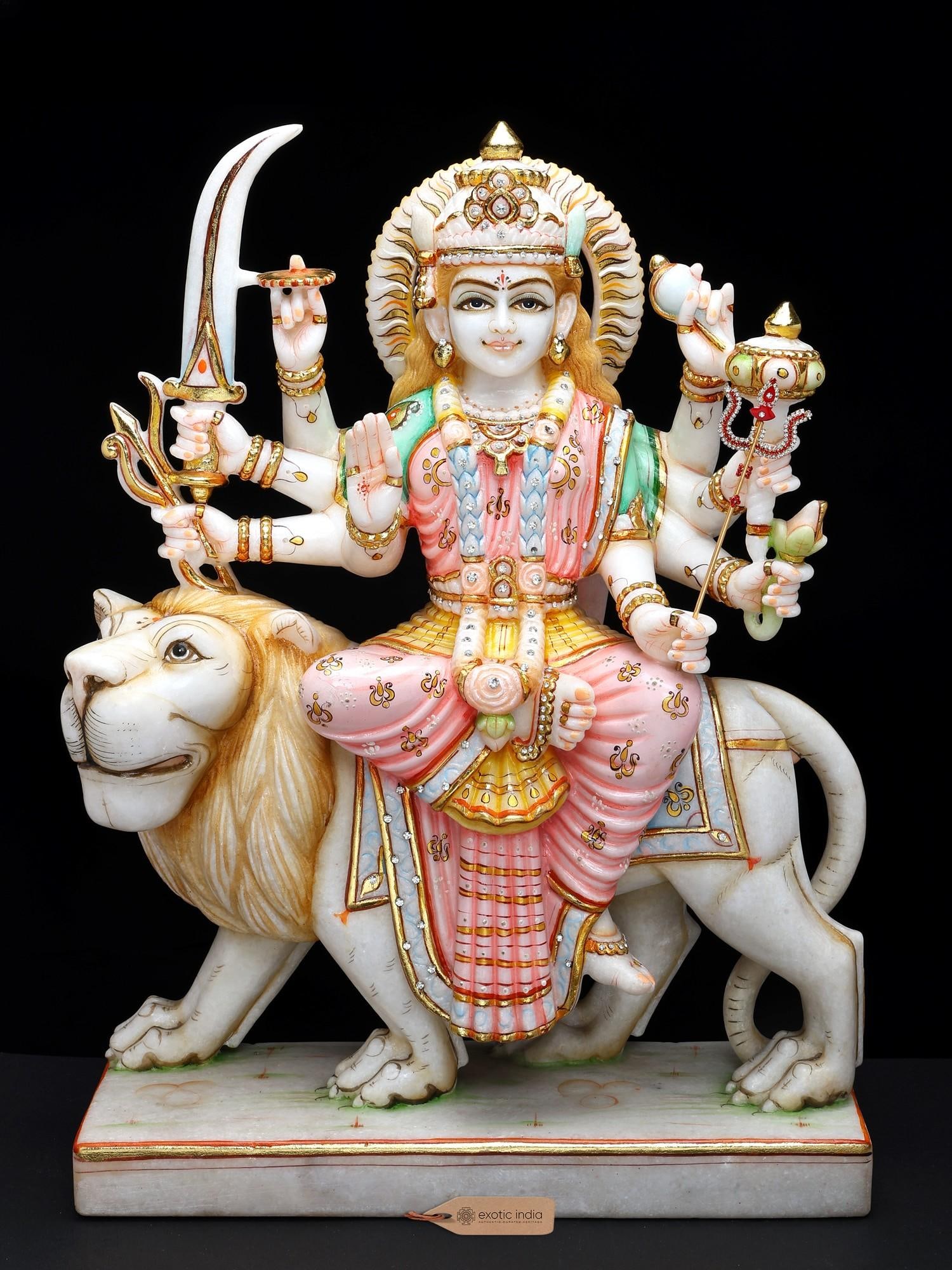 21" Ashtabhujadhari Goddess Durga with Lion | White Marble Sculpture: Description: 21" Ashtabhujadhari Goddess Durga with Lion | White Marble Sculpture