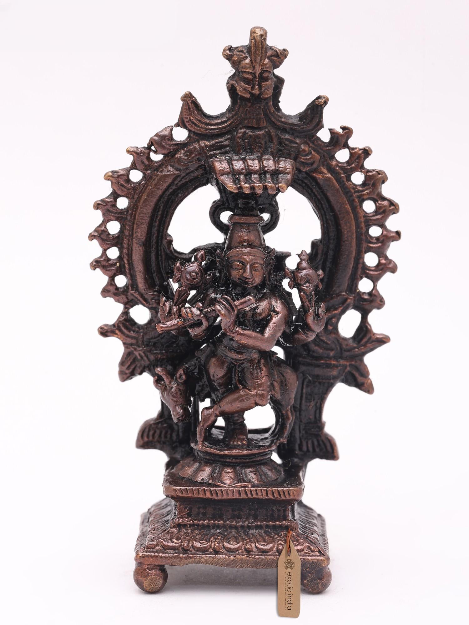 3" Small Fluting Lord Krishna with Cow | Copper Statue: Description: 3" Small Fluting Lord Krishna with Cow | Copper Statue