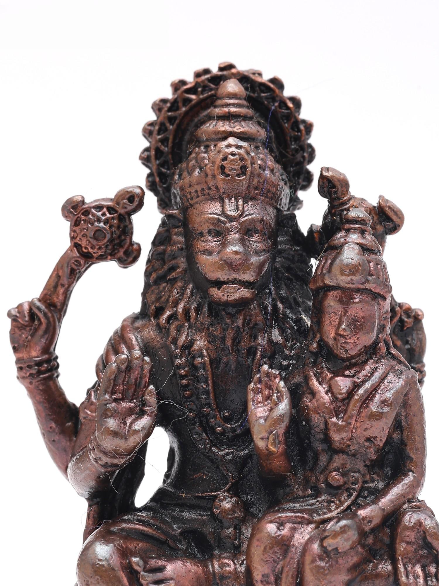 2" Small Lord Narasimha with Devi Lakshmi | Copper Statue - 2