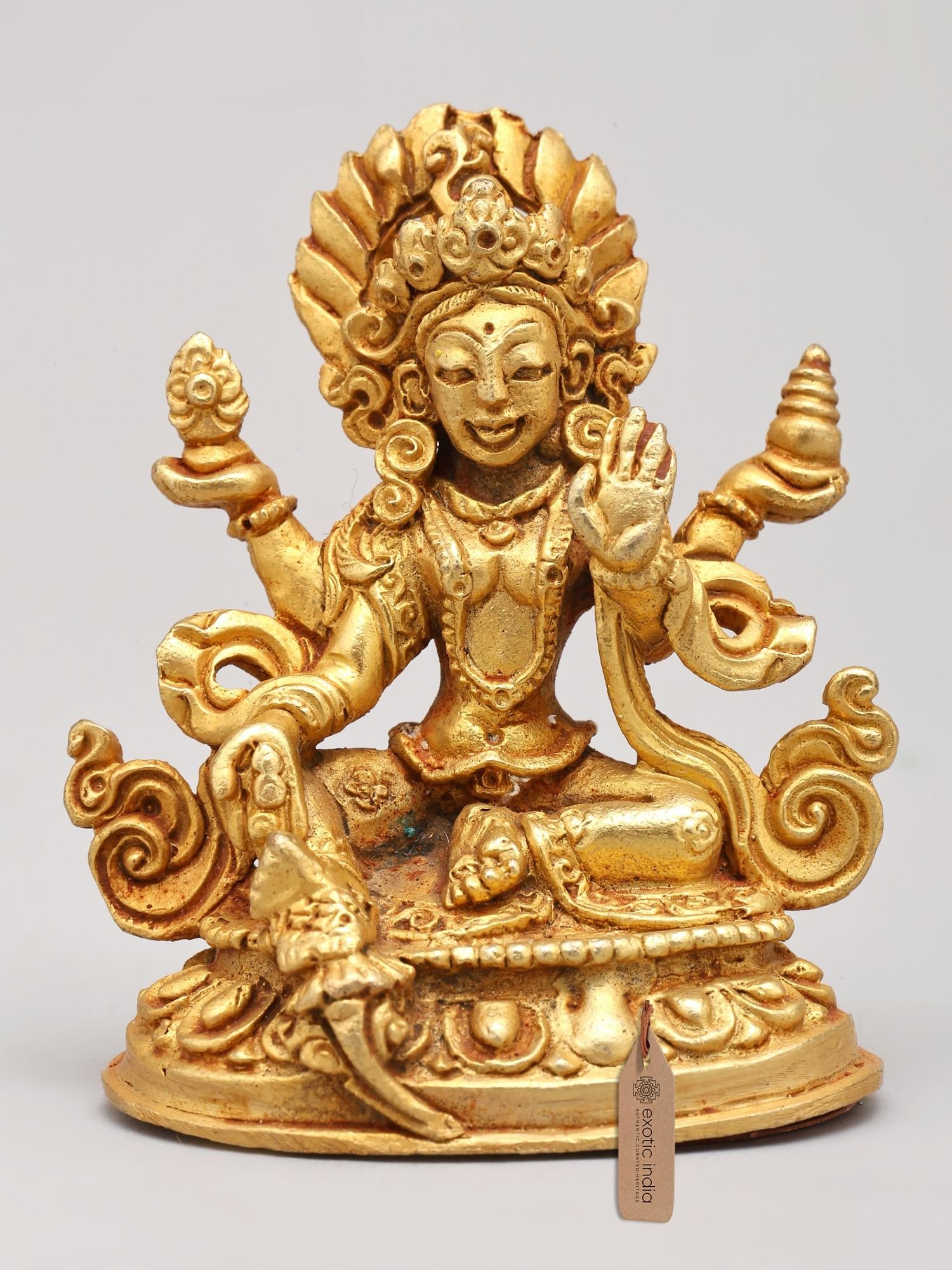 1" Small Goddess Green Tara | Copper Statue Gilded with 24 Karat Gold: Description: 1" Small Goddess Green Tara | Copper Statue Gilded with 24 Karat Gold