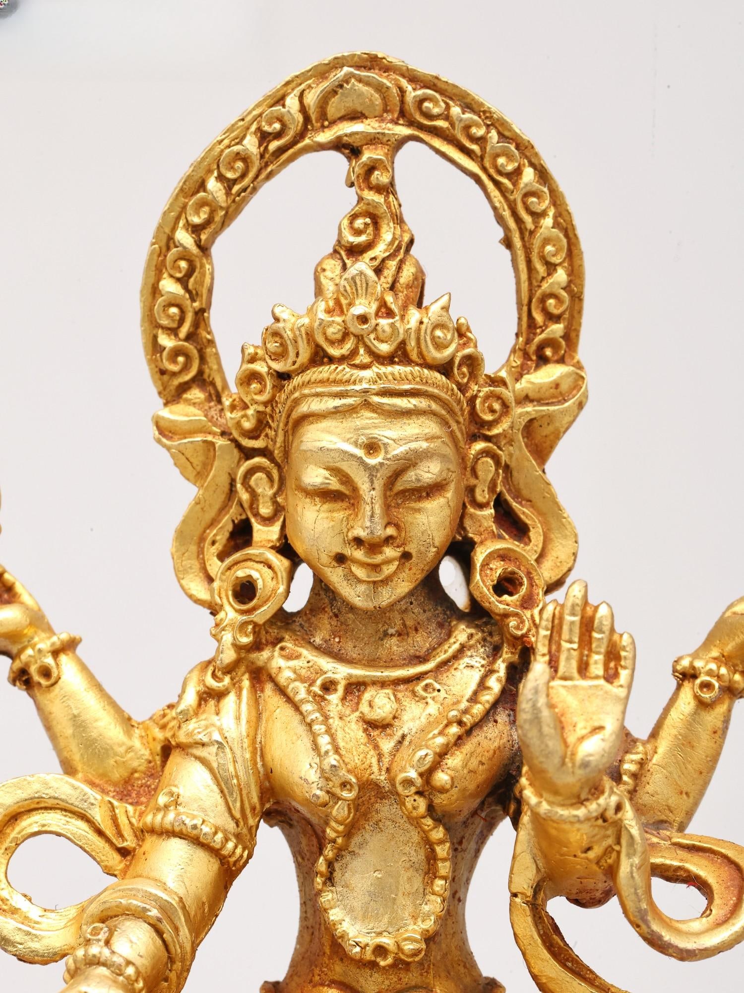 3" Tibetan Buddhist Goddess Green Tara | Copper Statue Gilded with 24 Karat Gold - 2