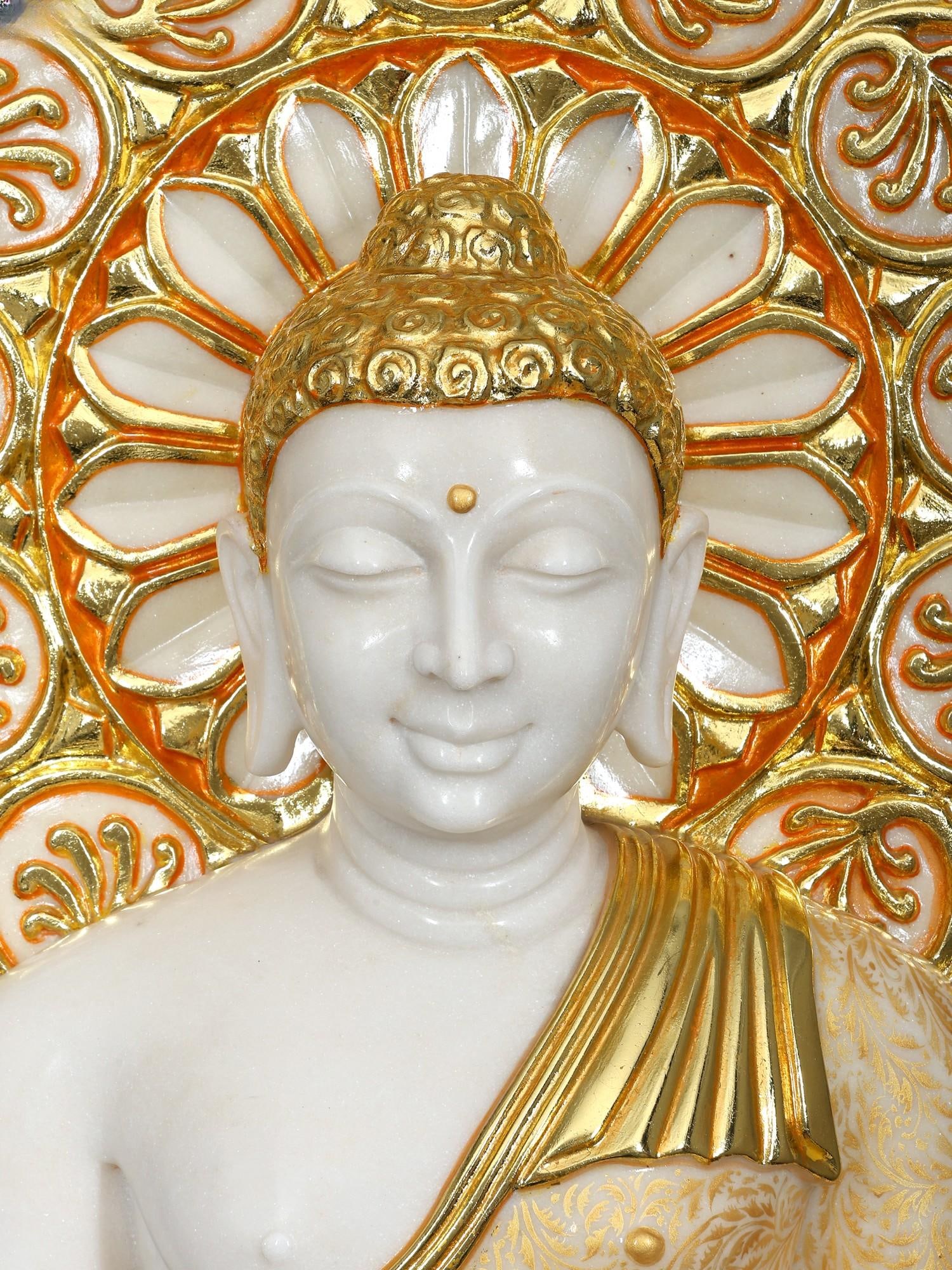 35" Large Bhumisparsha Buddha Idol with Gold Details | White Marble Sculpture | Made in India - 2