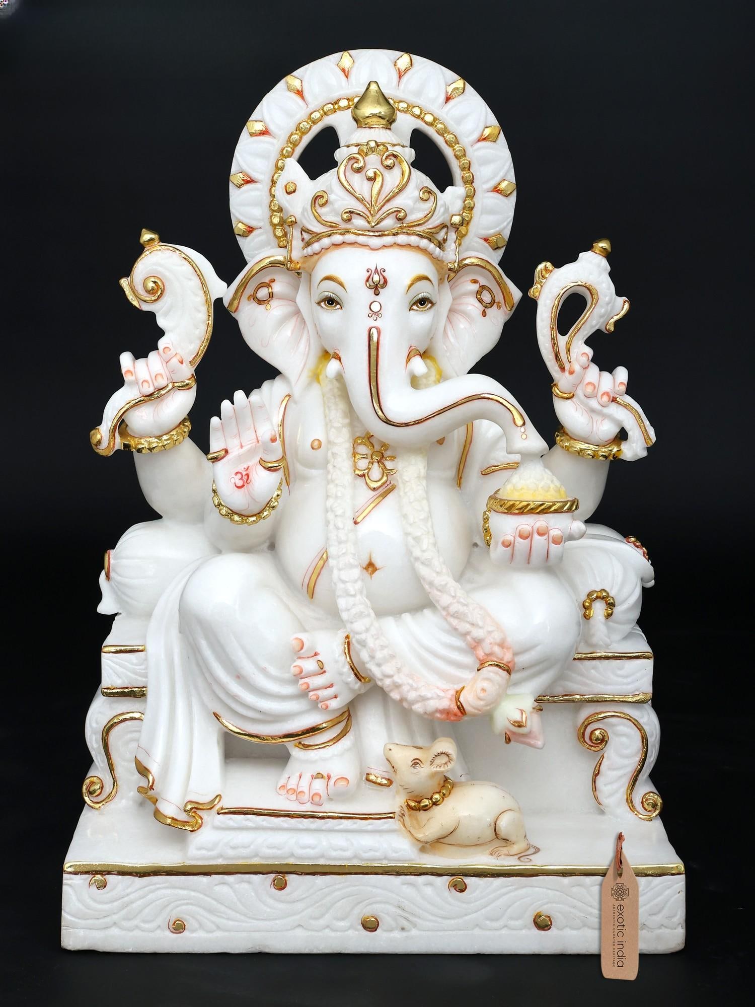 24" Elegant Idol of Four Armed Lord Ganapati with White and Gold Finish | White Marble Sculpture |: Description: 24" Elegant Idol of Four Armed Lord Ganapati with White and Gold Finish | White Marble Sculpture | Made in India