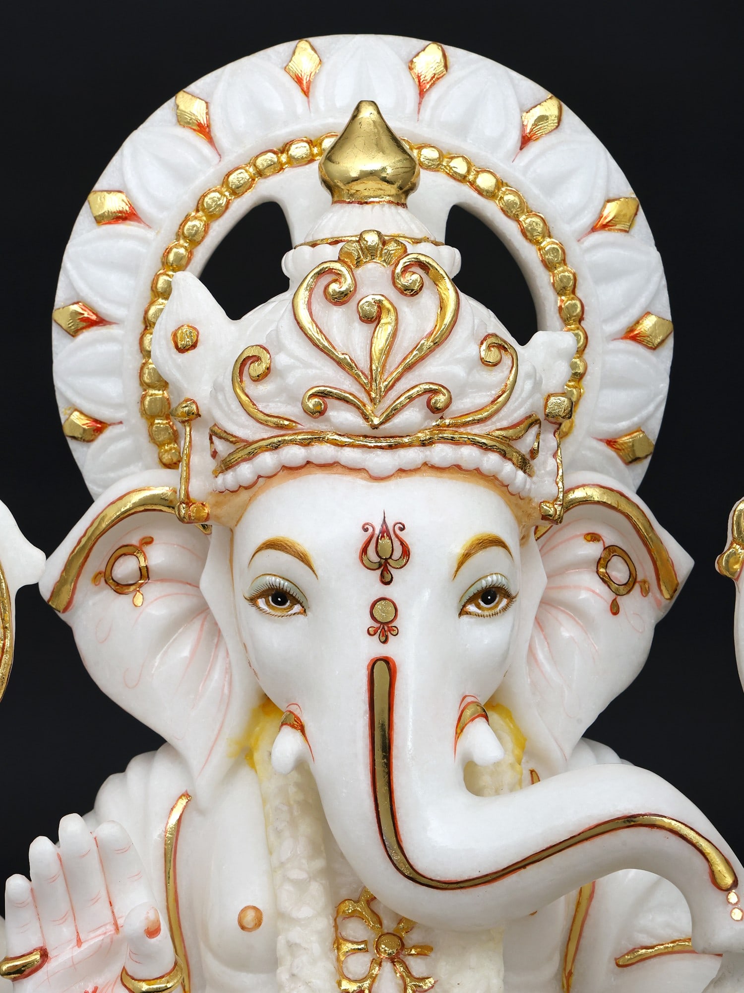 24" Elegant Idol of Four Armed Lord Ganapati with White and Gold Finish | White Marble Sculpture | - 2