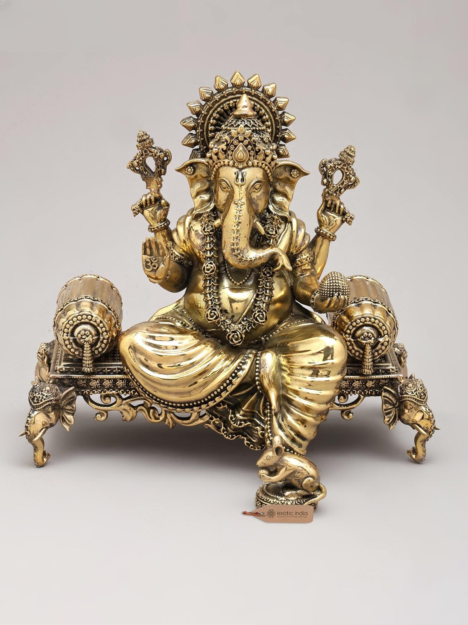8" Four Armed Lord Ganesha Seated on Royal Throne with Mushaka | Brass Statue | Made in India (1 of 2)