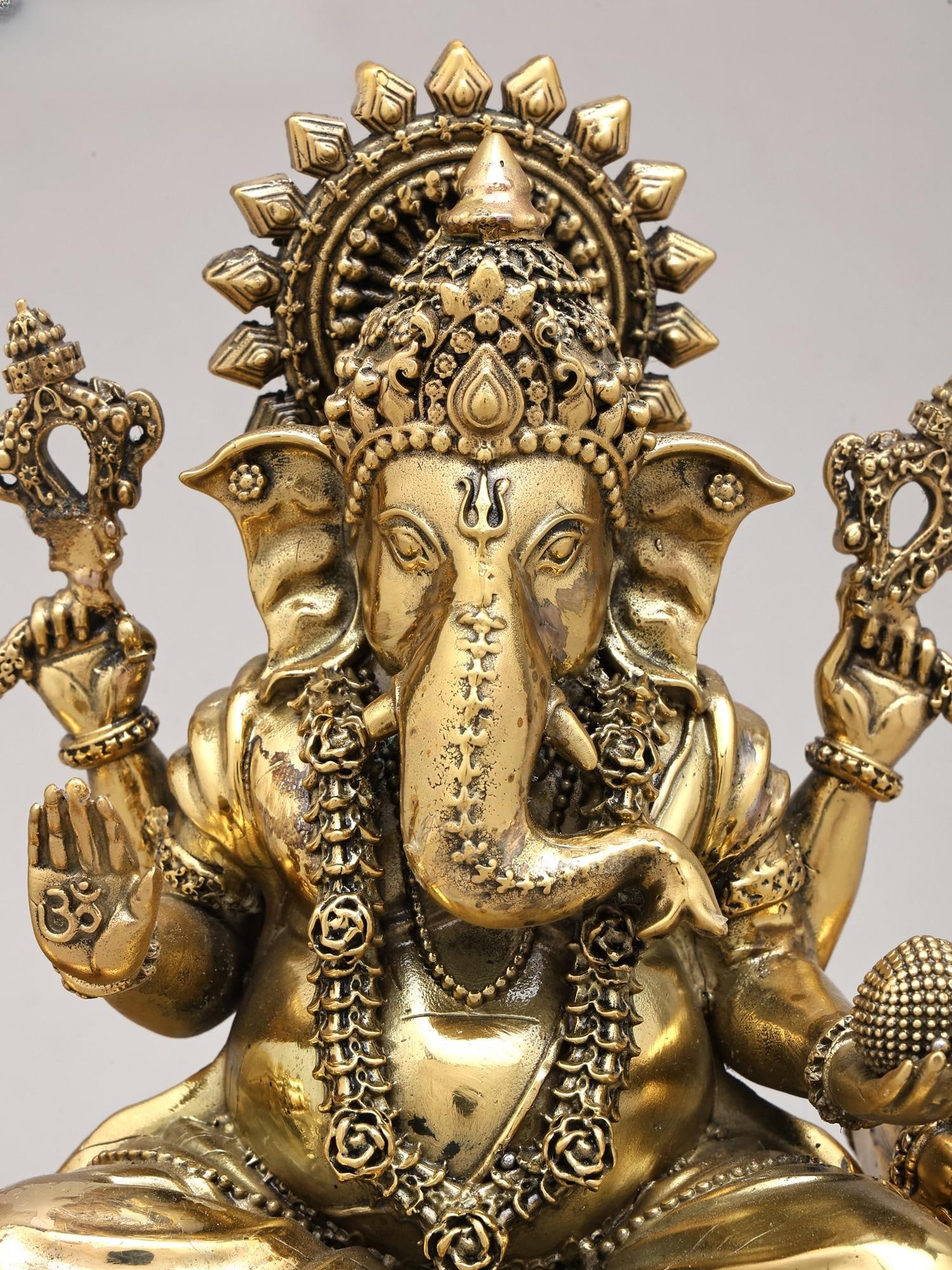 8" Four Armed Lord Ganesha Seated on Royal Throne with Mushaka | Brass Statue | Made in India - 2
