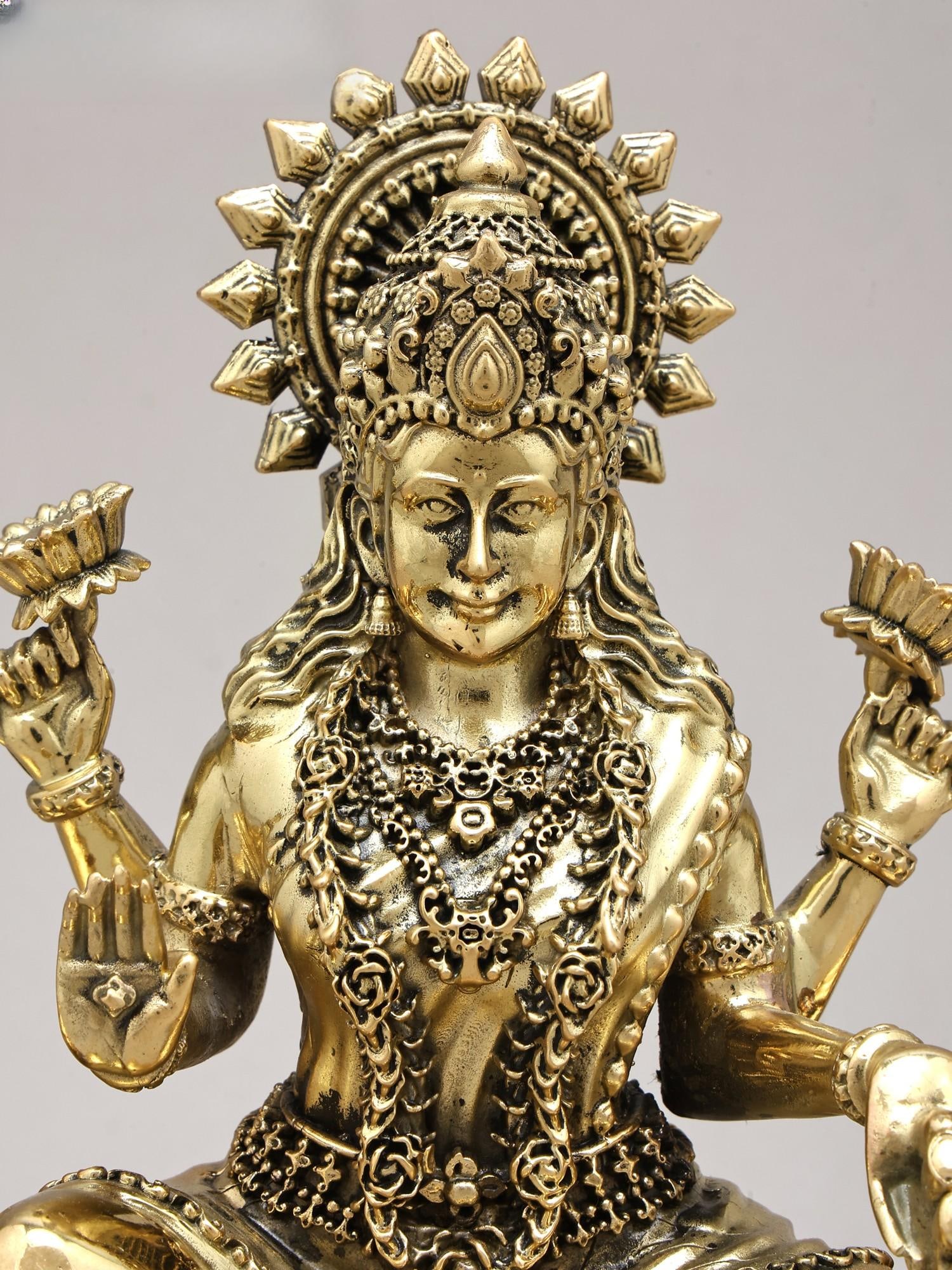 8" Four Armed Goddess Dhanalakshmi Seated on Singhasan | Brass Sculpture - 2