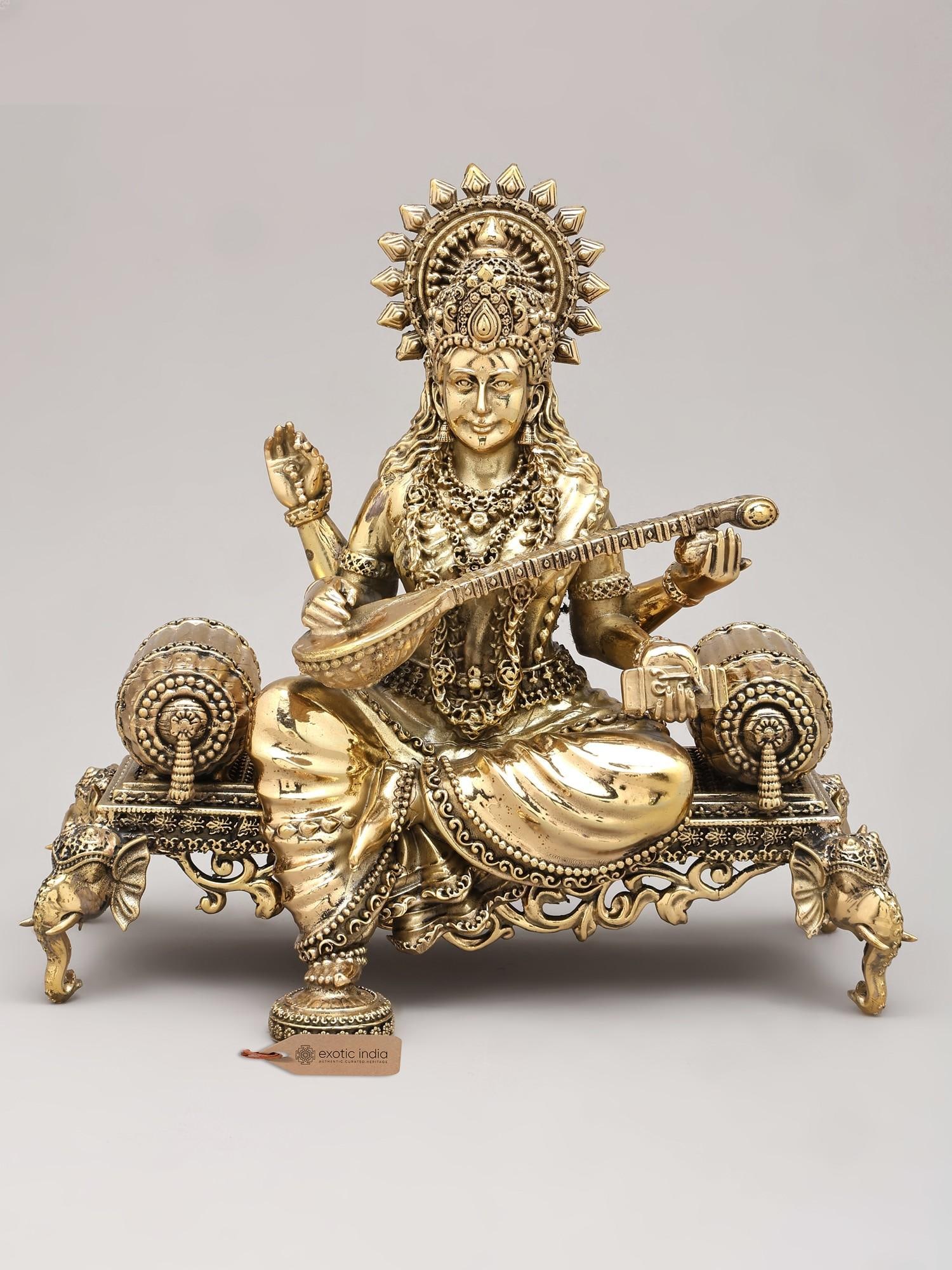 8" Goddess Saraswati Playing Veena on Beautiful Throne | Brass Sculpture (1 of 2)