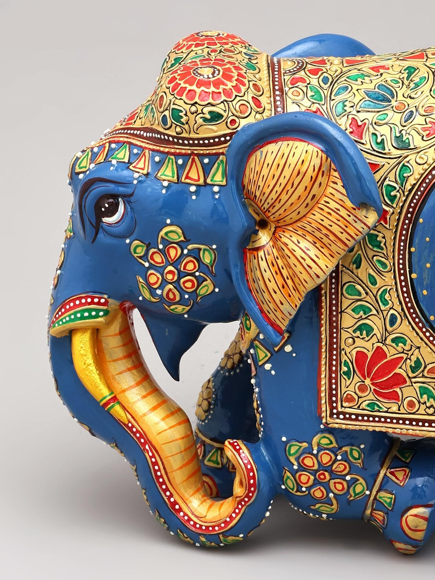 10" Hand-Painted Blue Elephant Sculpture with Lord Ganesha Artwork | Home Decor Wood Figurine - 2