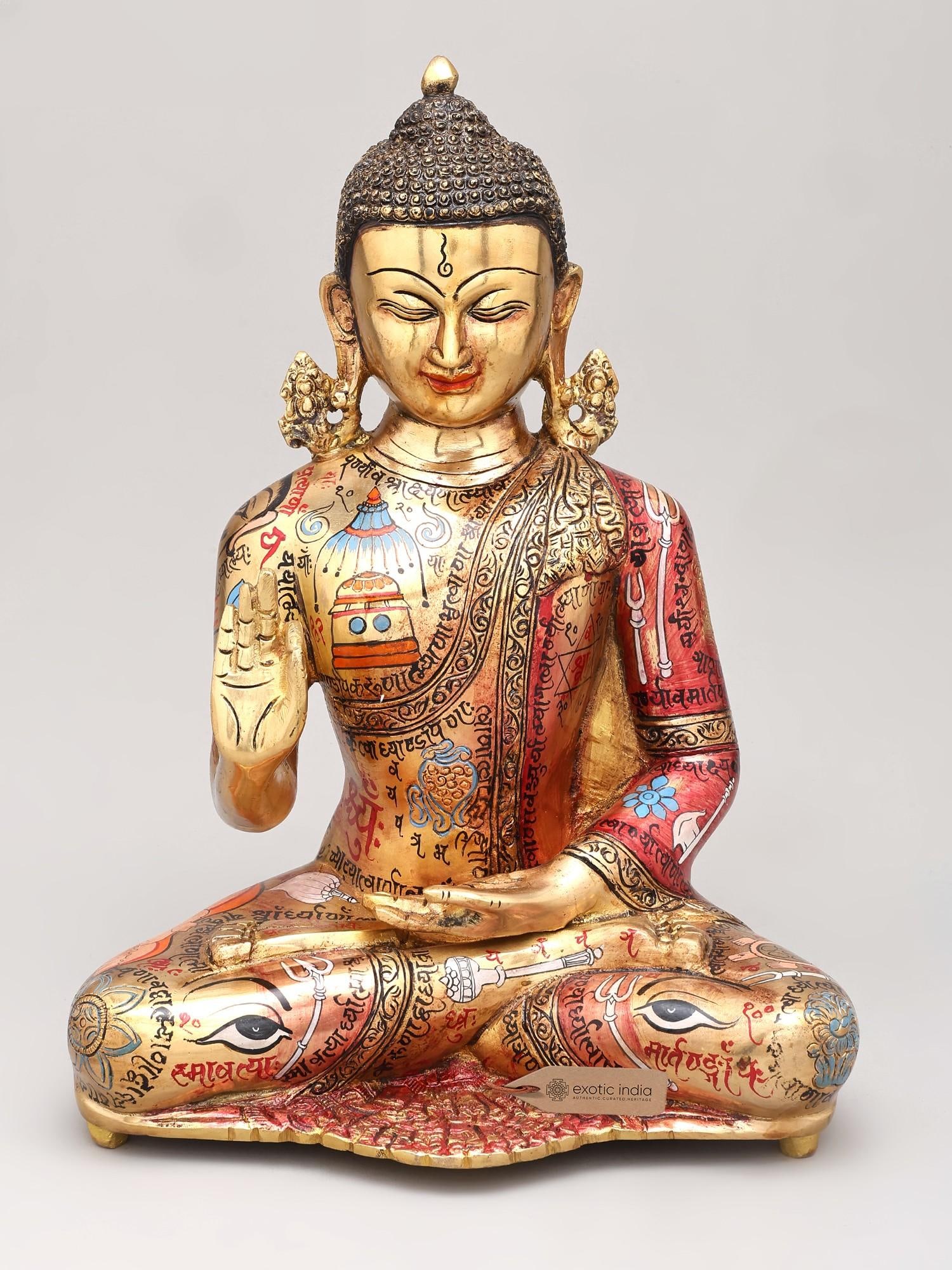 13" Hand-Painted Buddha with Tantrik Imagery | Brass Sculpture: Description: 13" Hand-Painted Buddha with Tantrik Imagery | Brass Sculpture