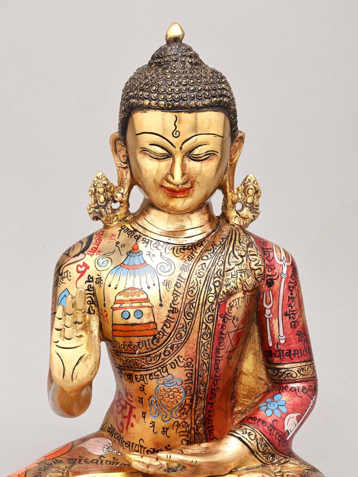 13" Hand-Painted Buddha with Tantrik Imagery | Brass Sculpture - 2
