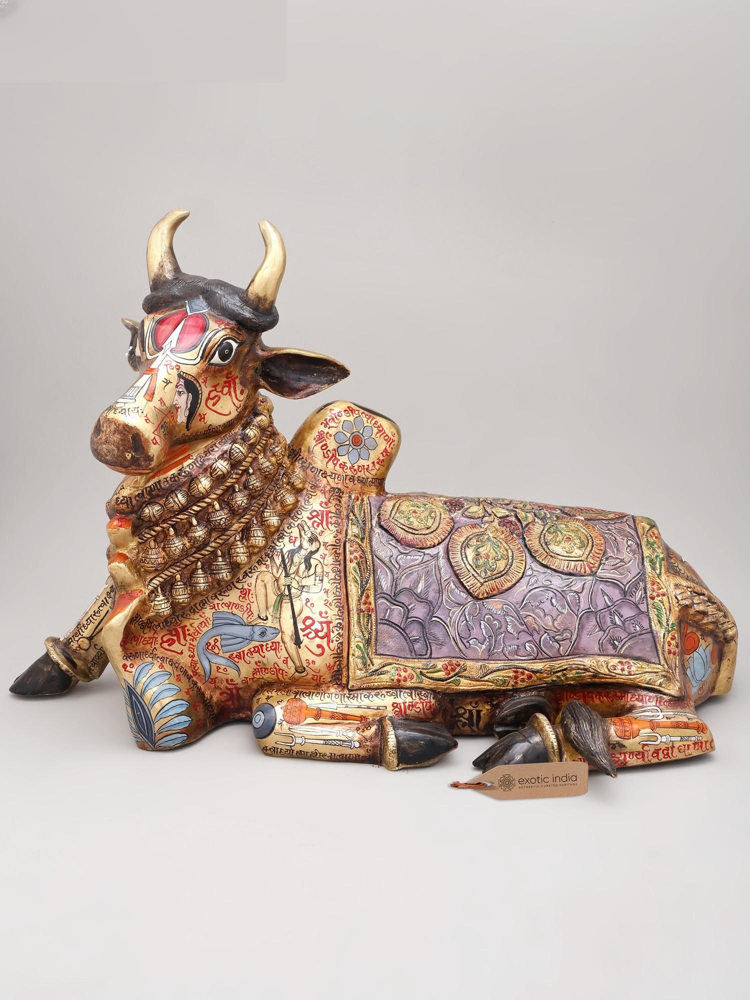 26" Nandi (Bhakt of Lord Shiva) Hand-Painted with Devotional imagery | Brass Sculpture: Description: 26" Nandi (Bhakt of Lord Shiva) Hand-Painted with Devotional imagery | Brass Sculpture