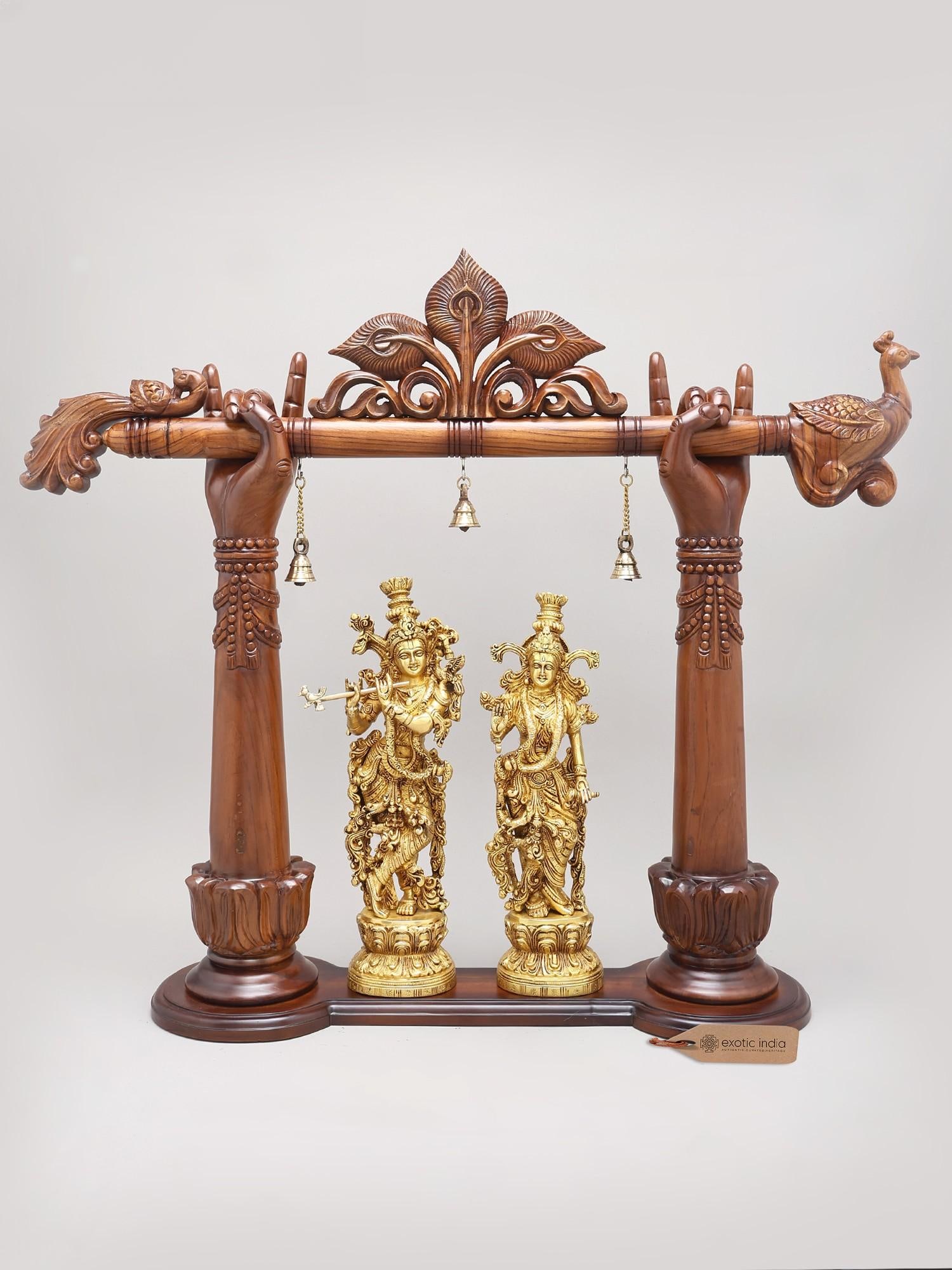 32" Divine Radha and Krishna Brass Idol under Wood Carved Arch | Brass and Wood Sculpture (1 of 2)