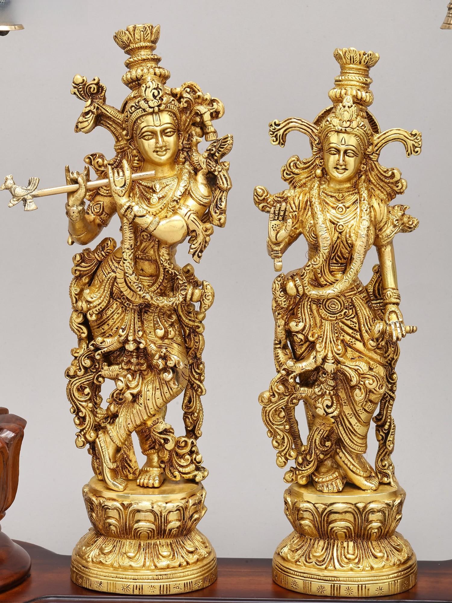 32" Divine Radha and Krishna Brass Idol under Wood Carved Arch | Brass and Wood Sculpture - 2