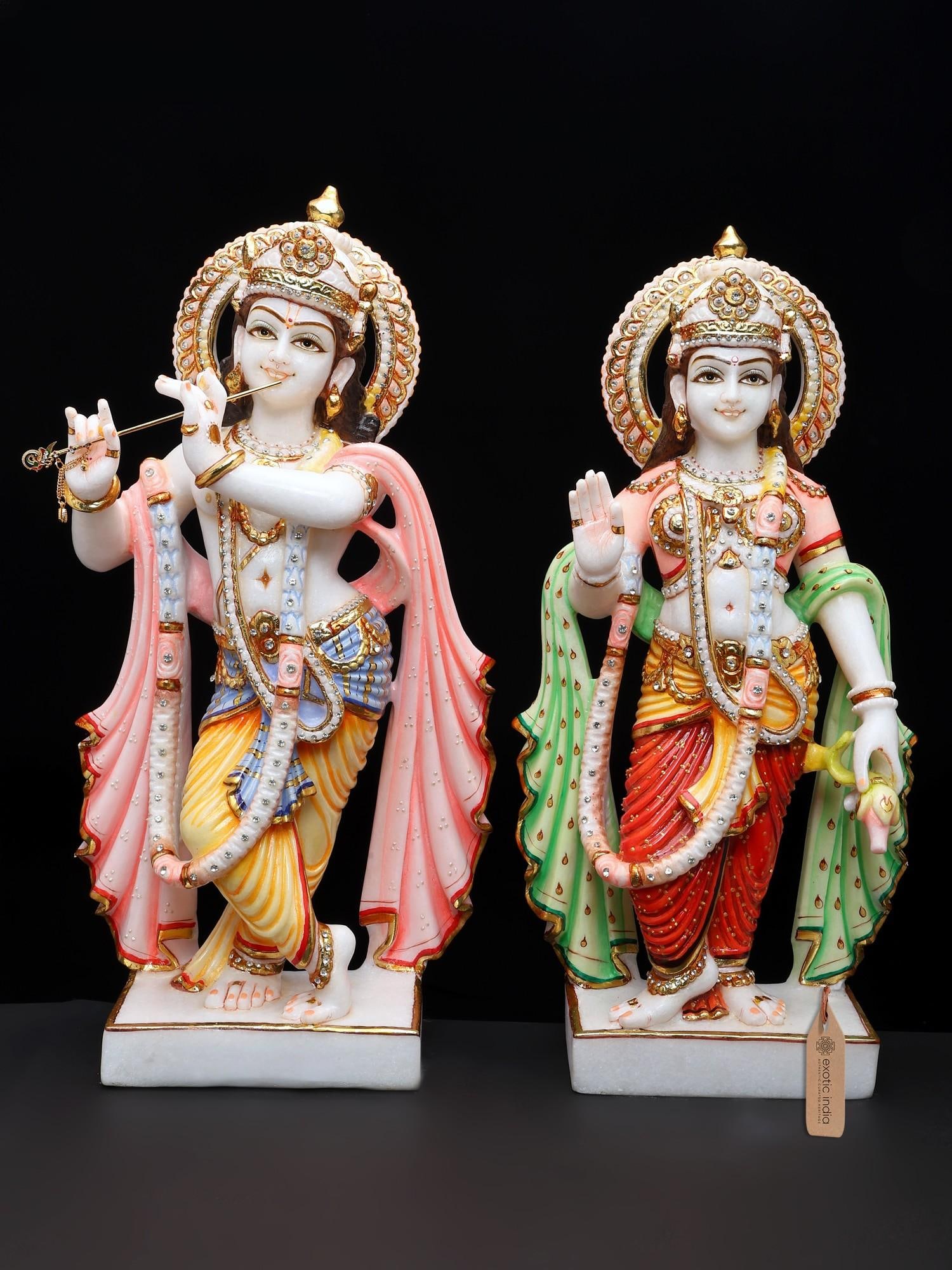 21" Divine Pair of Radha Krishna Marble Statues: Description: 21" Divine Pair of Radha Krishna Marble Statues