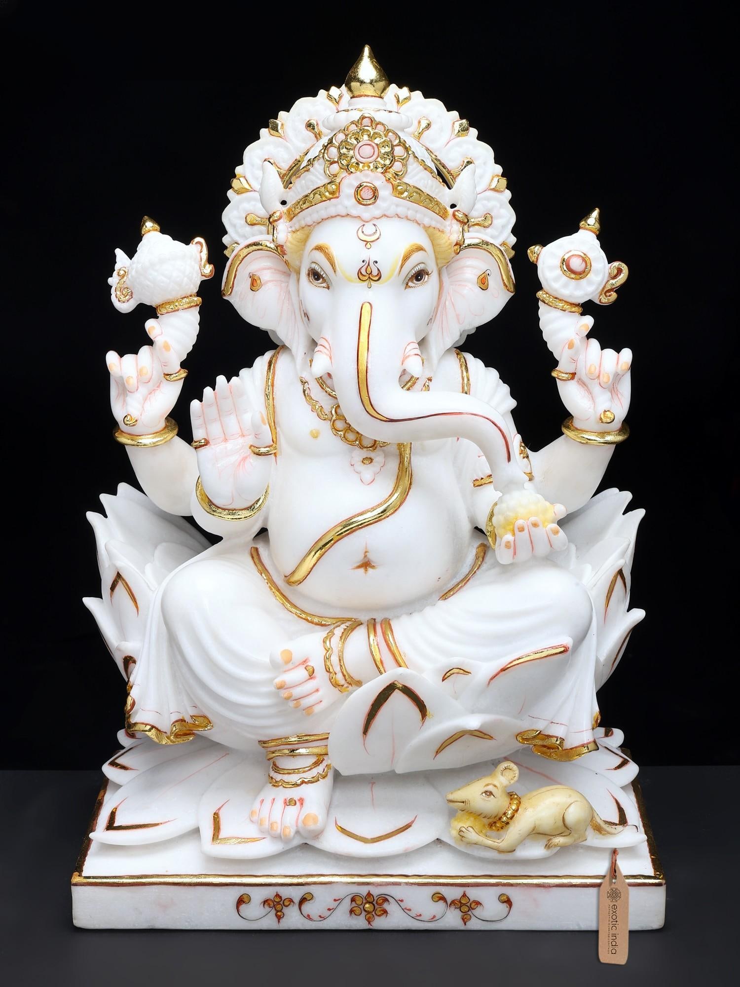 16" Handcrafted White Marble Blessing Ganesha Statue Seated on Lotus | Hand-Painted Hindu God Idol: Description: 16" Handcrafted White Marble Blessing Ganesha Statue Seated on Lotus | Hand-Painted Hindu God Idol for Home Temple